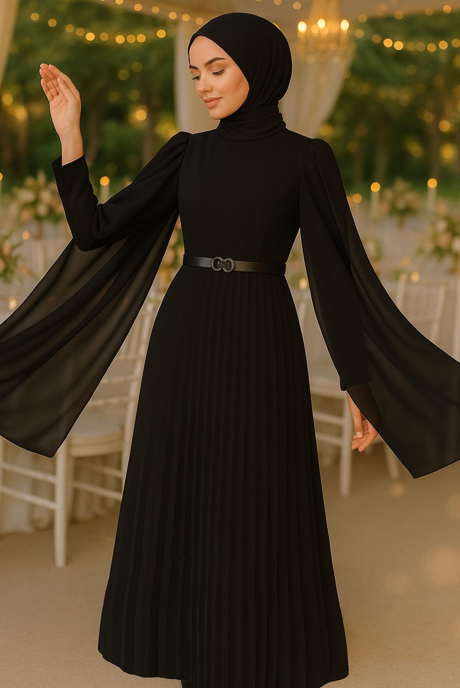 Tesettür giyim SİYAH KEMERLİ PİLİSELİ ELBİSE T 5784