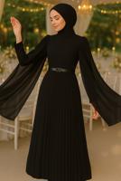 Tesettür giyim SİYAH KEMERLİ PİLİSELİ ELBİSE T 5784