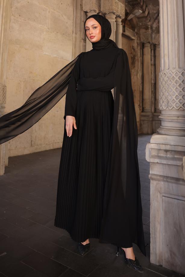 Vêtements hijab NOIR ROBE PLISSÉE CEINTURÉE T 5784 - TRENDTESETTÜR
