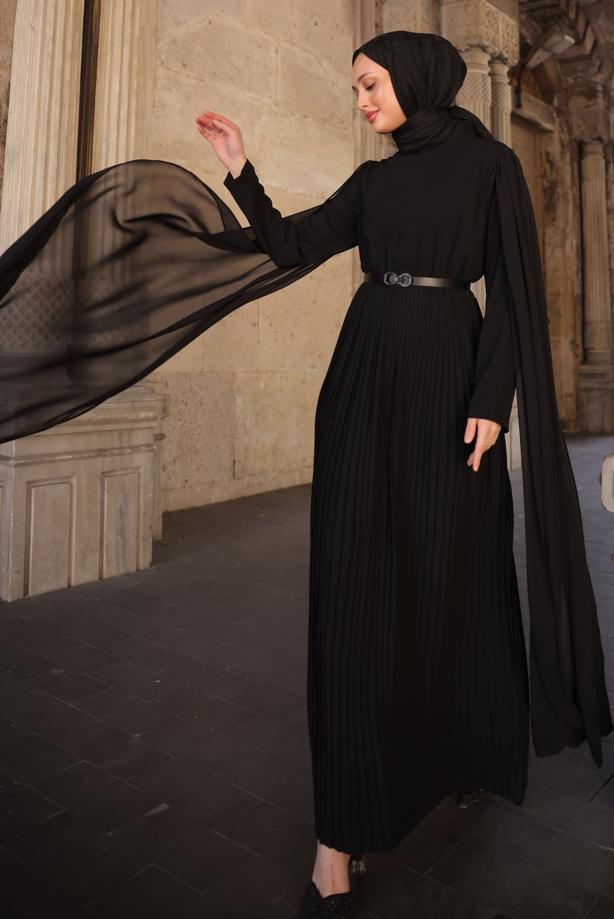 Vêtements hijab NOIR ROBE PLISSÉE CEINTURÉE T 5784 - TRENDTESETTÜR