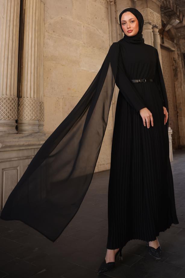 Vêtements hijab NOIR ROBE PLISSÉE CEINTURÉE T 5784 - TRENDTESETTÜR