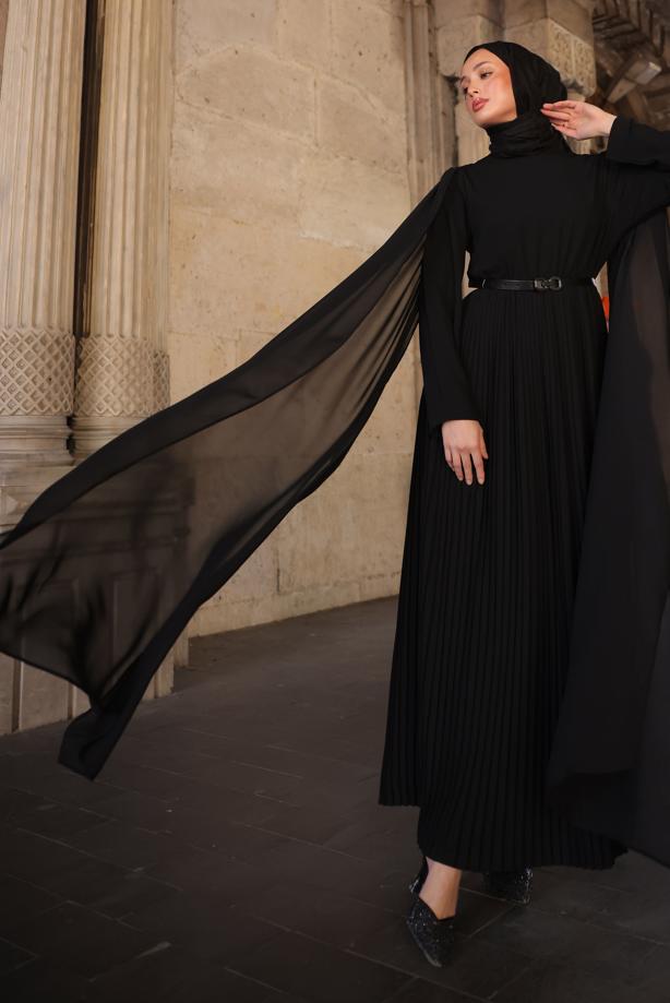 Vêtements hijab NOIR ROBE PLISSÉE CEINTURÉE T 5784 - TRENDTESETTÜR