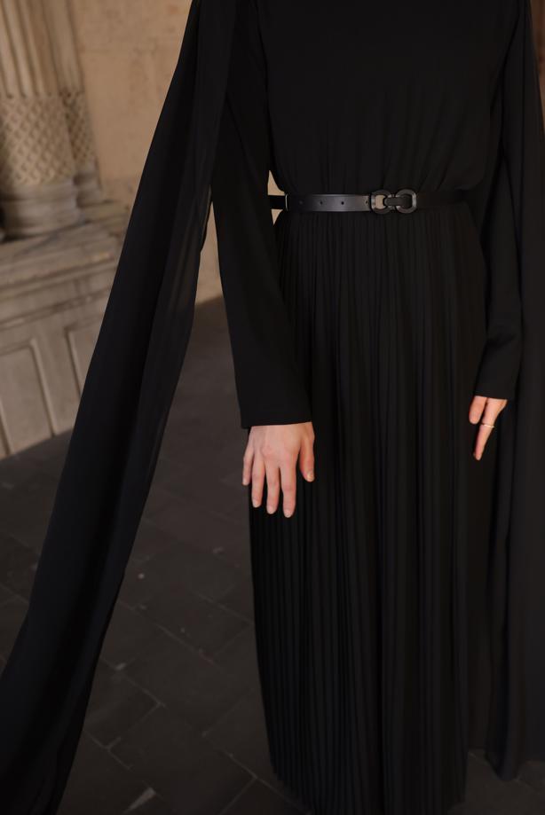Vêtements hijab NOIR ROBE PLISSÉE CEINTURÉE T 5784 - TRENDTESETTÜR