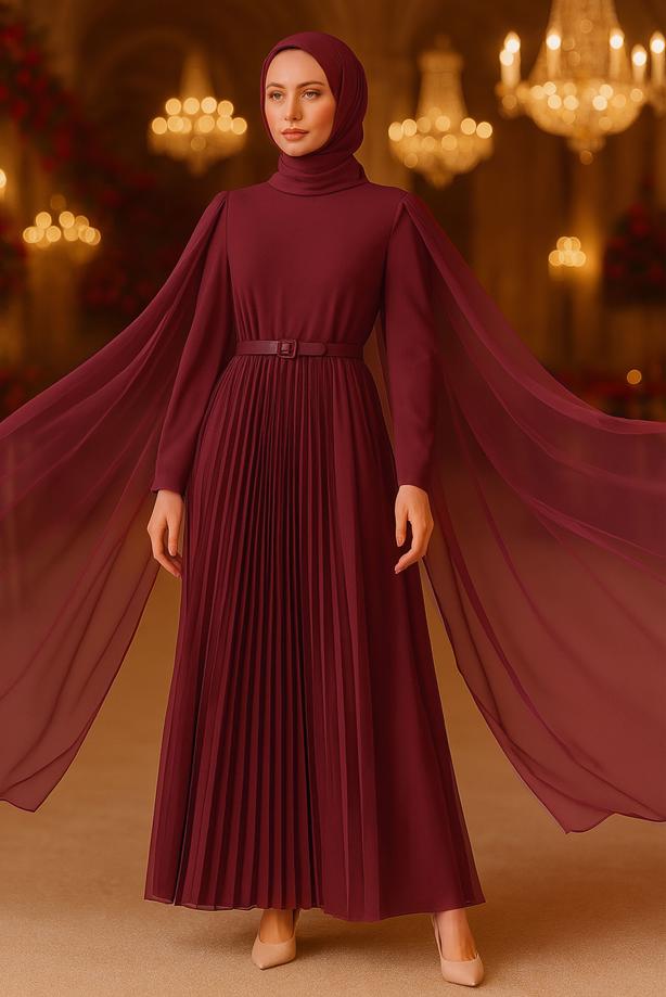Vêtements hijab ROUGE BORDEAUX ROBE PLISSÉE CEINTURÉE T 5784 - TRENDTESETTÜR