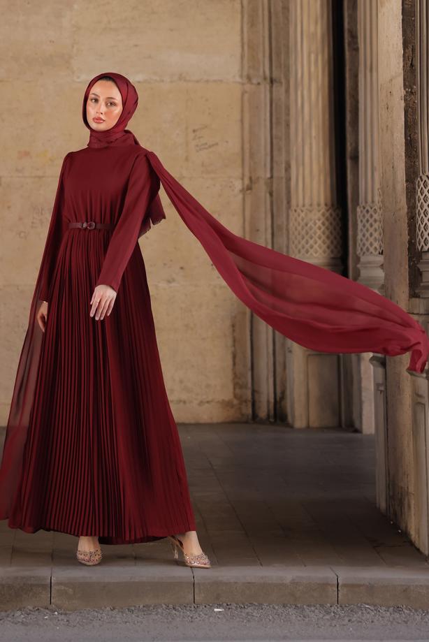 Vêtements hijab ROUGE BORDEAUX ROBE PLISSÉE CEINTURÉE T 5784 - TRENDTESETTÜR