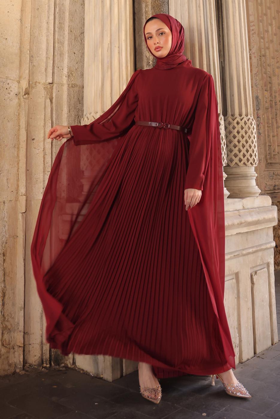 Tesettür giyim BORDO KEMERLİ PİLİSELİ ELBİSE T 5784