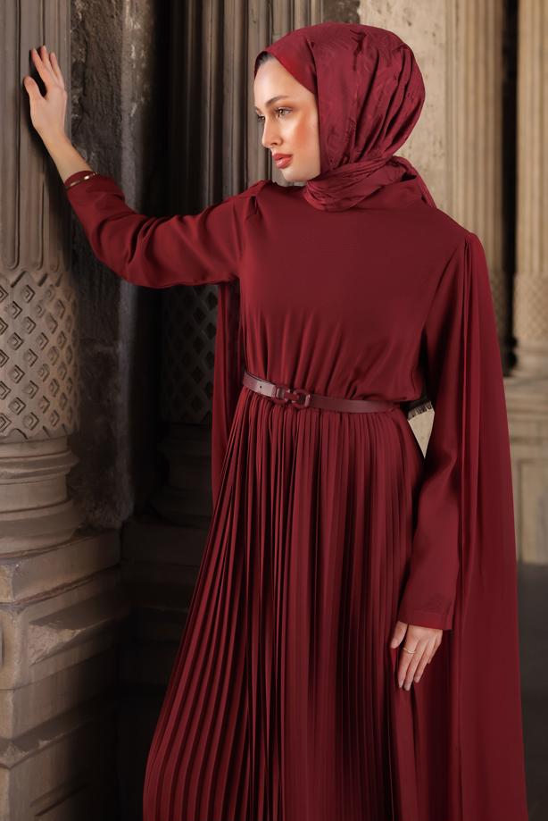 Vêtements hijab ROUGE BORDEAUX ROBE PLISSÉE CEINTURÉE T 5784 - TRENDTESETTÜR