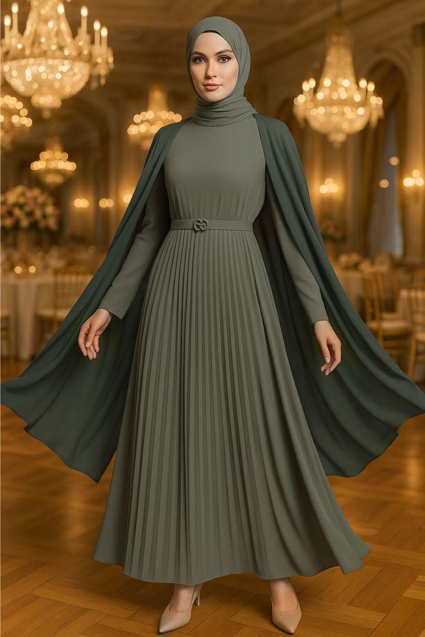Vêtements hijab KAKI ROBE PLISSÉE CEINTURÉE T 5784 - TRENDTESETTÜR
