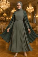 Tesettür giyim HAKİ KEMERLİ PİLİSELİ ELBİSE T 5784