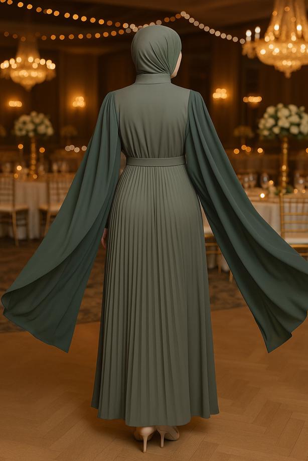 Vêtements hijab KAKI ROBE PLISSÉE CEINTURÉE T 5784 - TRENDTESETTÜR
