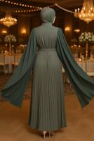 Tesettür giyim HAKİ KEMERLİ PİLİSELİ ELBİSE T 5784