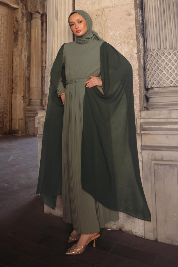 Vêtements hijab KAKI ROBE PLISSÉE CEINTURÉE T 5784 - TRENDTESETTÜR