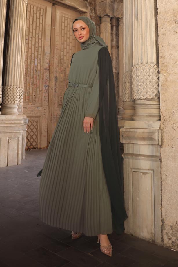 Vêtements hijab KAKI ROBE PLISSÉE CEINTURÉE T 5784 - TRENDTESETTÜR