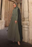 Tesettür giyim HAKİ KEMERLİ PİLİSELİ ELBİSE T 5784