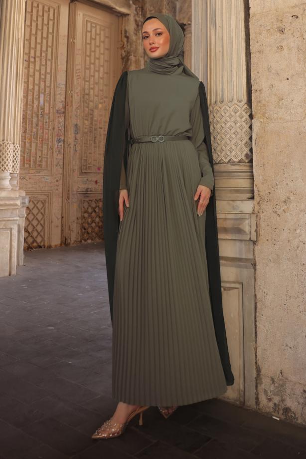 Vêtements hijab KAKI ROBE PLISSÉE CEINTURÉE T 5784 - TRENDTESETTÜR