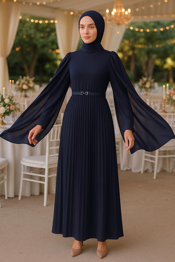 Vêtements hijab BLEU MARINE ROBE PLISSÉE CEINTURÉE T 5784 - TRENDTESETTÜR