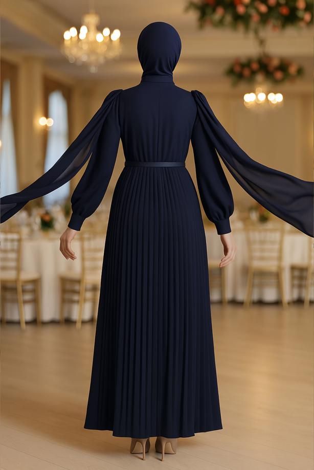 Vêtements hijab BLEU MARINE ROBE PLISSÉE CEINTURÉE T 5784 - TRENDTESETTÜR