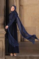 Tesettür giyim LACİVERT KEMERLİ PİLİSELİ ELBİSE T 5784