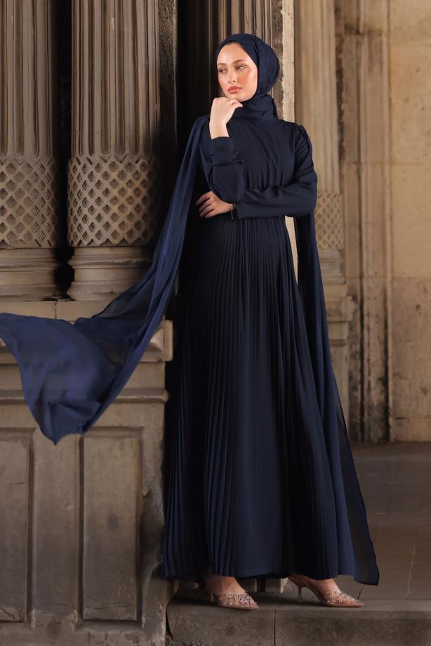 Vêtements hijab BLEU MARINE ROBE PLISSÉE CEINTURÉE T 5784 - TRENDTESETTÜR