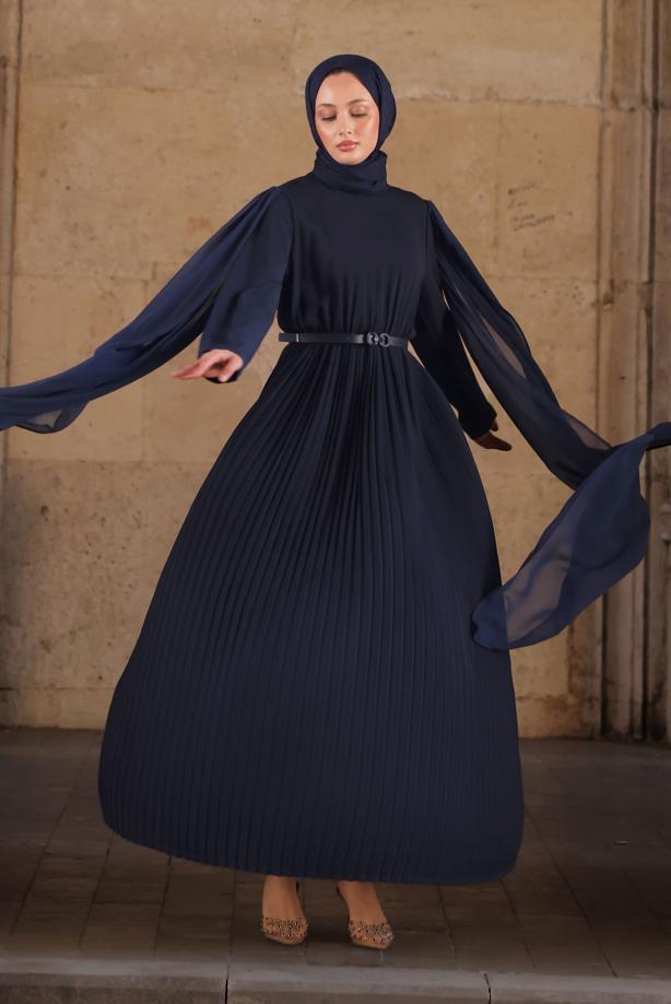 Vêtements hijab BLEU MARINE ROBE PLISSÉE CEINTURÉE T 5784 - TRENDTESETTÜR