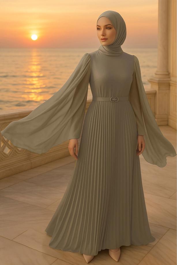 Vêtements hijab VISON ROBE PLISSÉE CEINTURÉE T 5784 - TRENDTESETTÜR