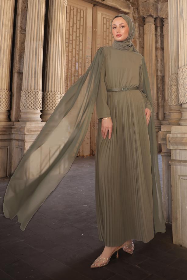 Vêtements hijab VISON ROBE PLISSÉE CEINTURÉE T 5784 - TRENDTESETTÜR
