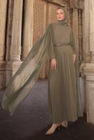 Tesettür giyim VİZON KEMERLİ PİLİSELİ ELBİSE T 5784