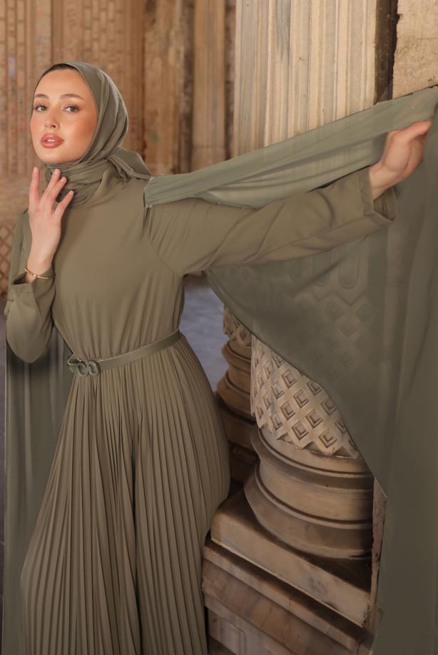 Vêtements hijab VISON ROBE PLISSÉE CEINTURÉE T 5784 - TRENDTESETTÜR