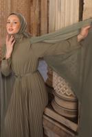 Tesettür giyim VİZON KEMERLİ PİLİSELİ ELBİSE T 5784