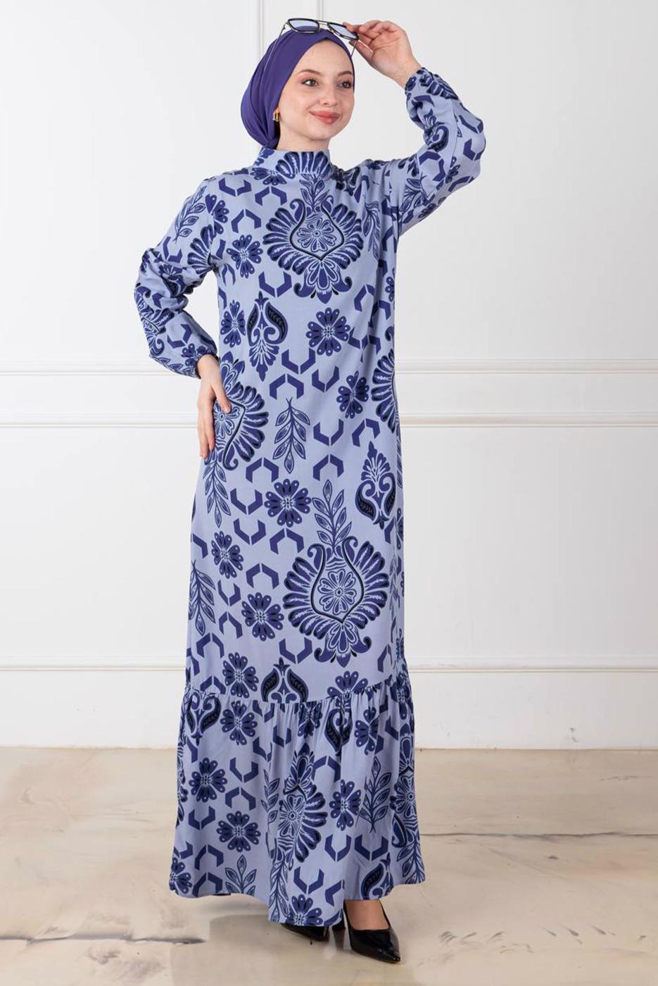 Tesettür giyim MAVİ DESENLİ ELBİSE T 5874