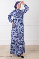 Tesettür giyim MAVİ DESENLİ ELBİSE T 5874