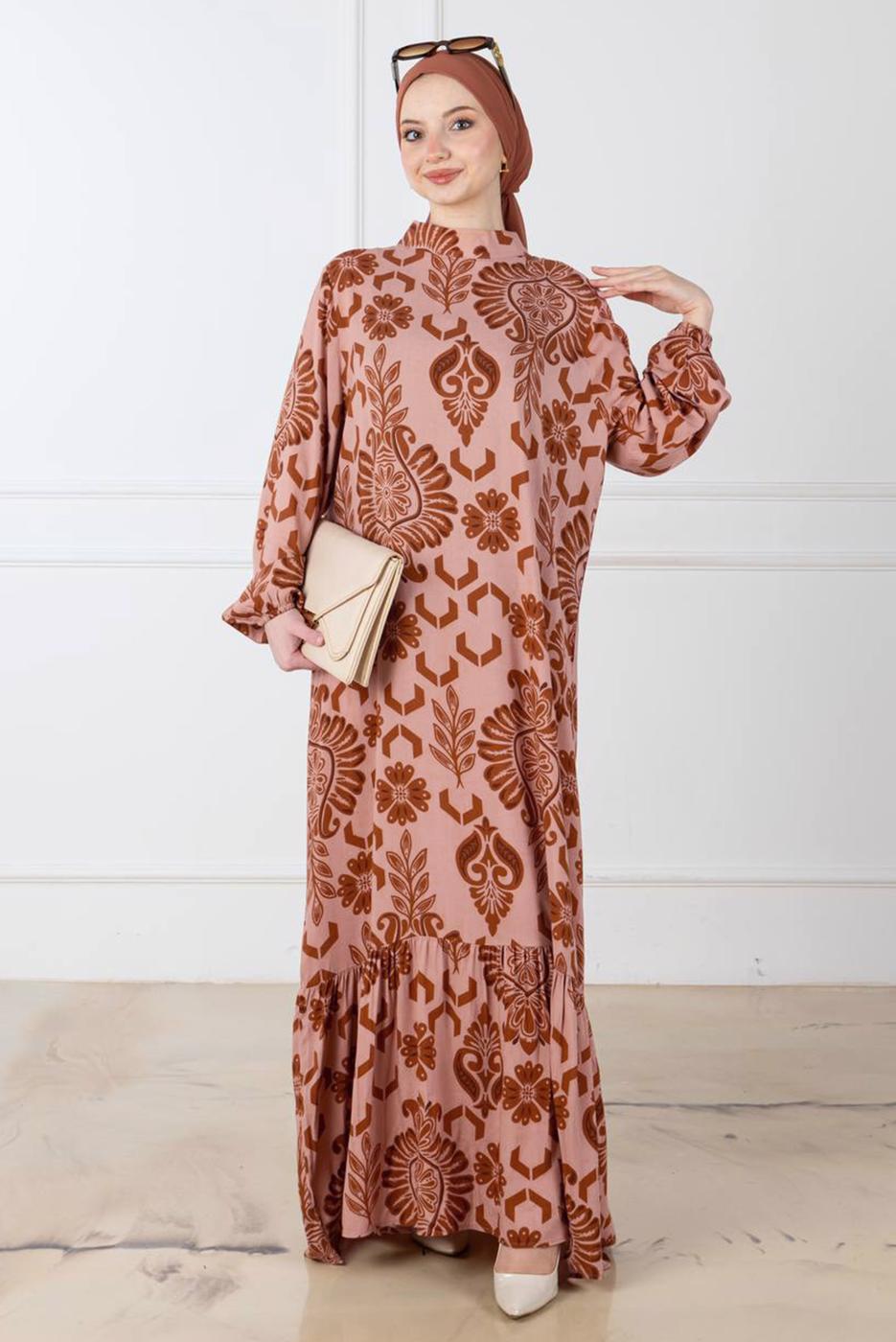 Tesettür giyim KAHVE DESENLİ ELBİSE T 5874