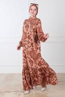 Tesettür giyim KAHVE DESENLİ ELBİSE T 5874