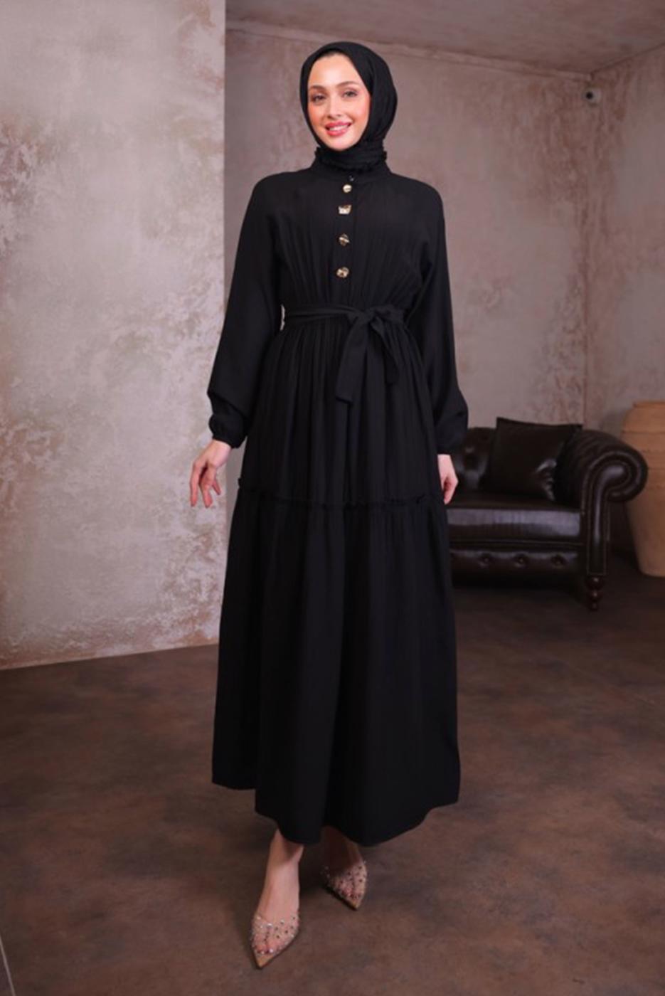 Tesettür giyim SİYAH KUŞAKLI ELBİSE T 5884