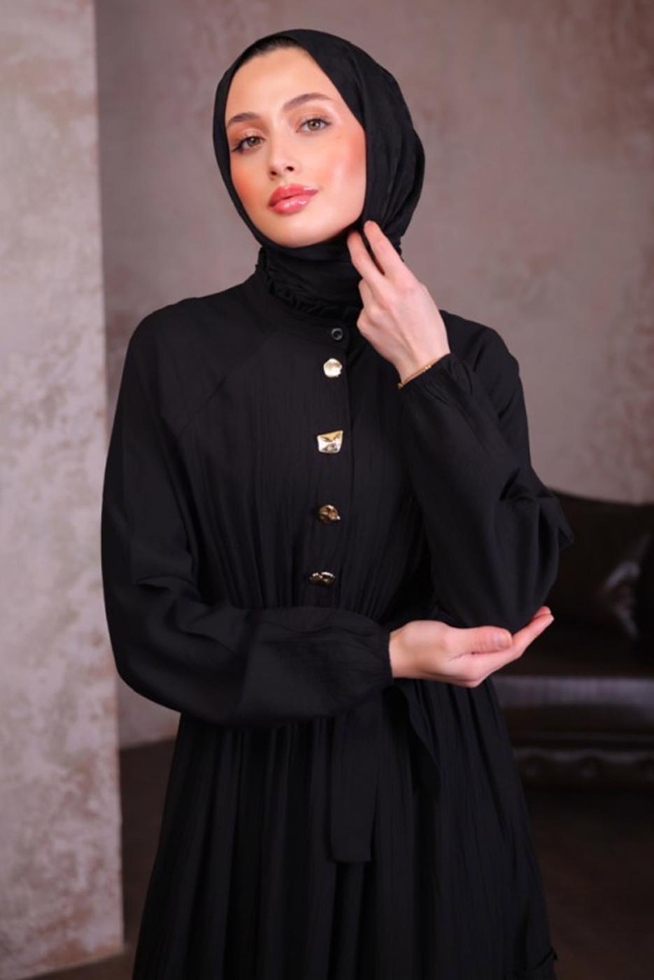 Tesettür giyim SİYAH KUŞAKLI ELBİSE T 5884