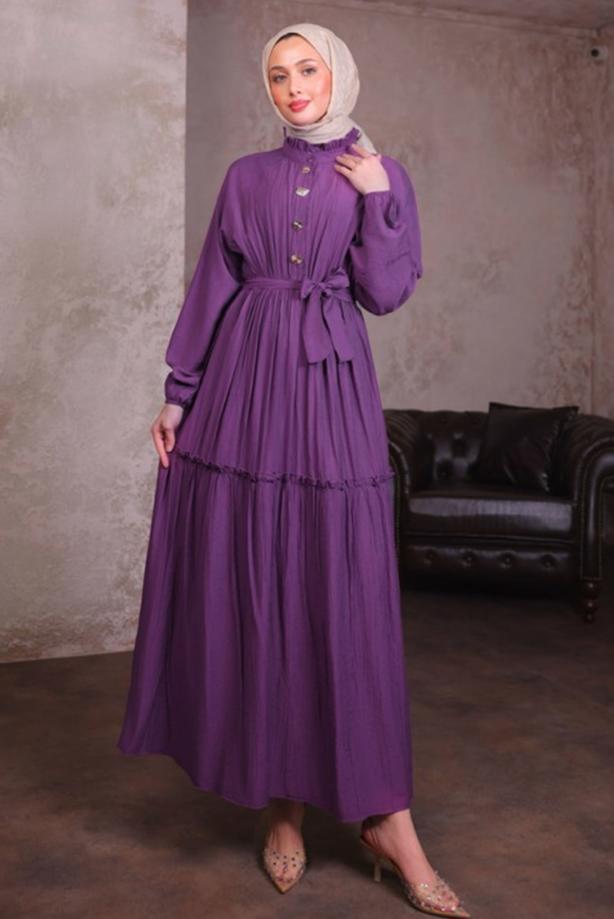 Tesettür giyim MOR KUŞAKLI ELBİSE T 5884 - TRENDTESETTÜR