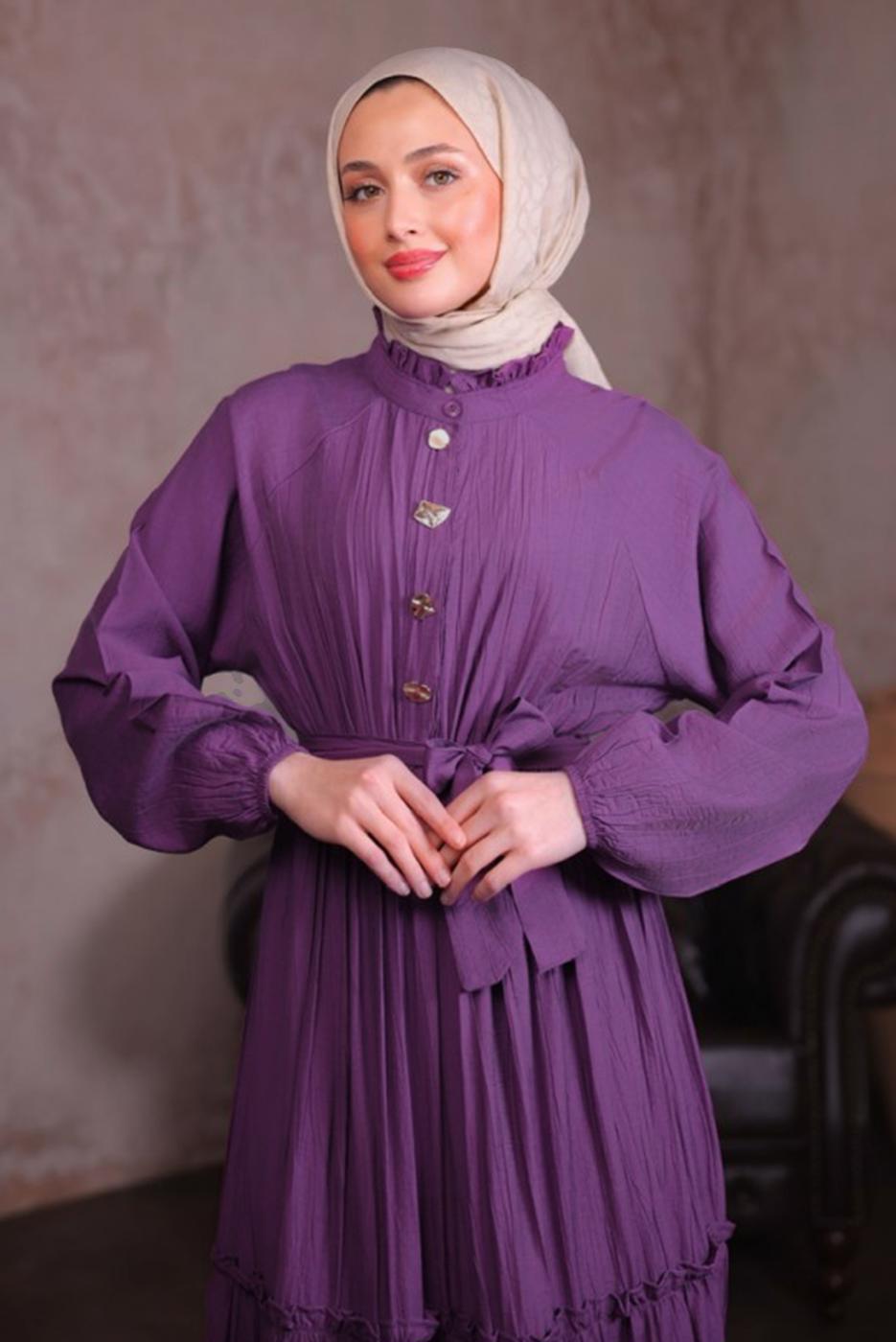 Tesettür giyim MOR KUŞAKLI ELBİSE T 5884