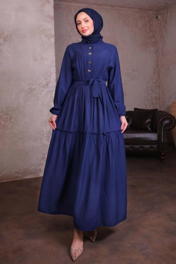 Tesettür giyim LACİVERT KUŞAKLI ELBİSE T 5884 - TRENDTESETTÜR