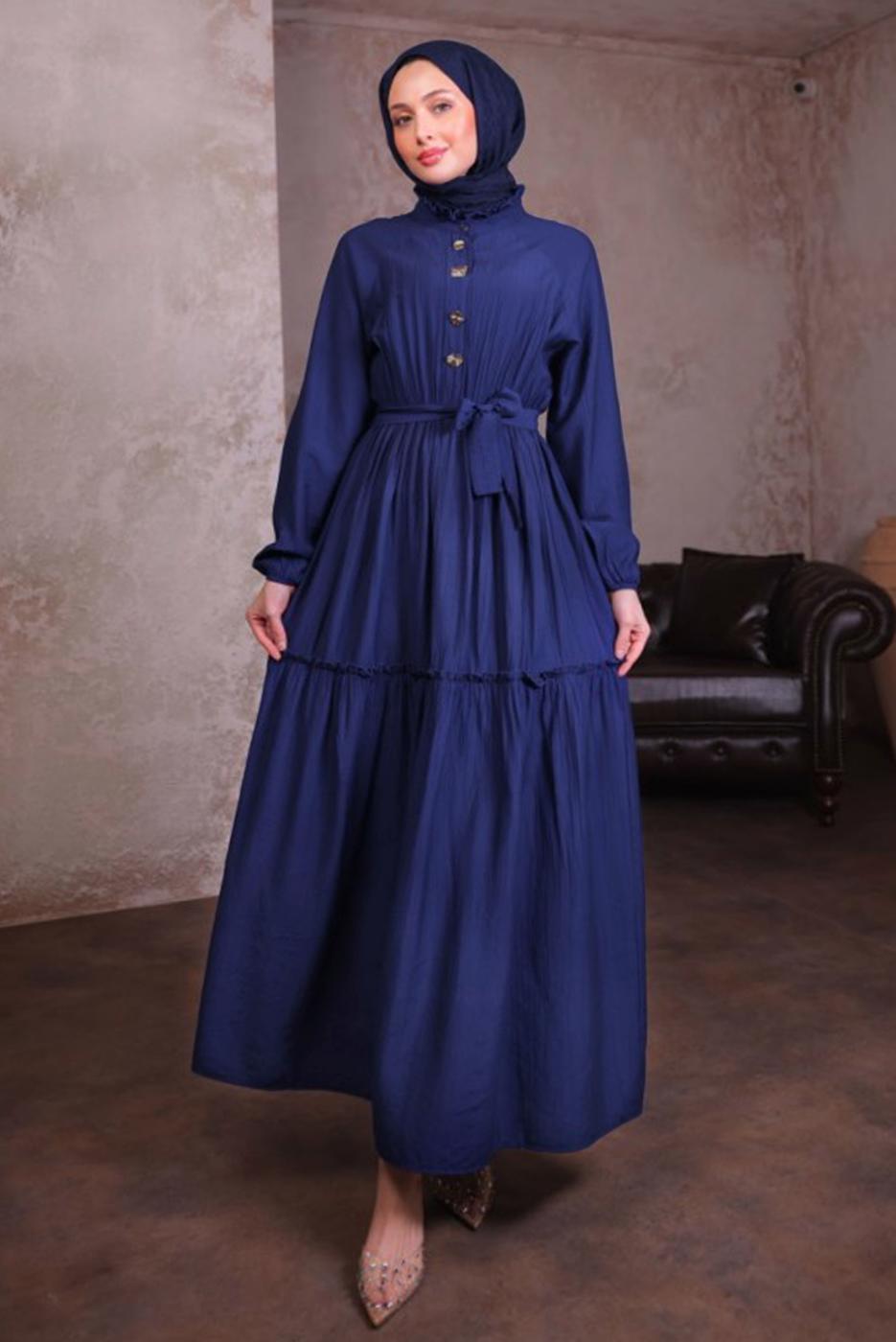Tesettür giyim LACİVERT KUŞAKLI ELBİSE T 5884