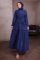 Tesettür giyim LACİVERT KUŞAKLI ELBİSE T 5884