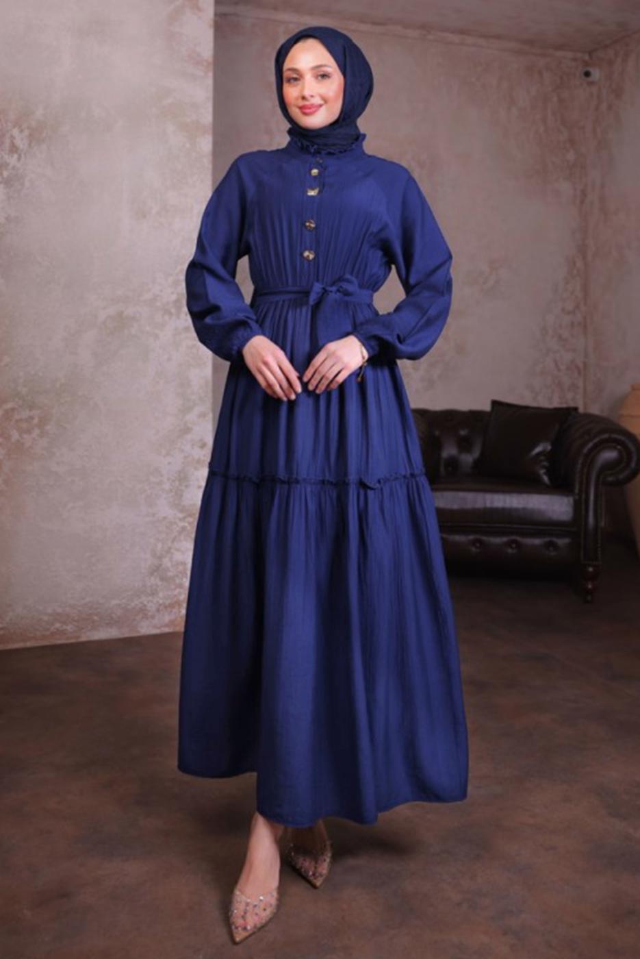 Tesettür giyim LACİVERT KUŞAKLI ELBİSE T 5884