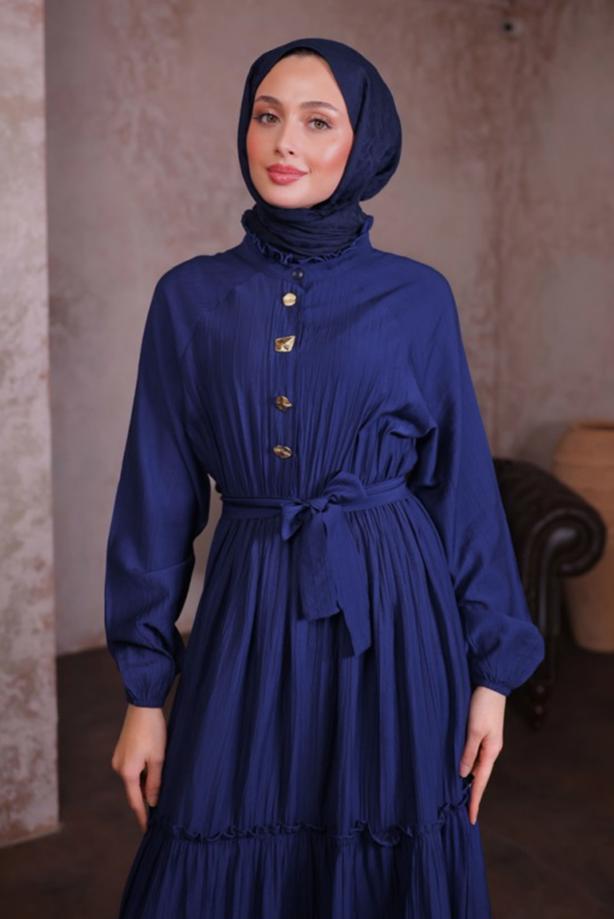 Tesettür giyim LACİVERT KUŞAKLI ELBİSE T 5884 - TRENDTESETTÜR