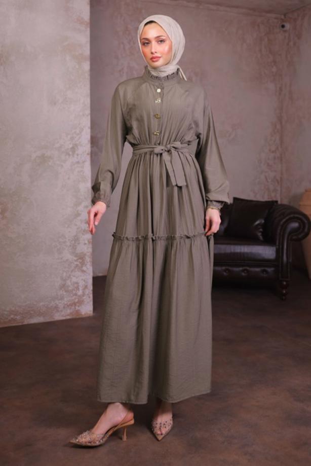 Tesettür giyim VİZON KUŞAKLI ELBİSE T 5884 - TRENDTESETTÜR