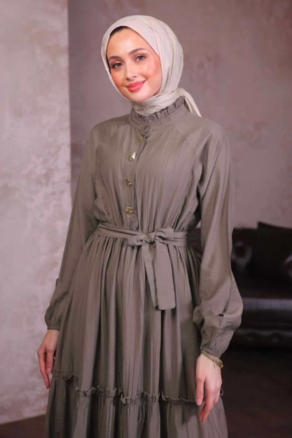 Tesettür giyim VİZON KUŞAKLI ELBİSE T 5884