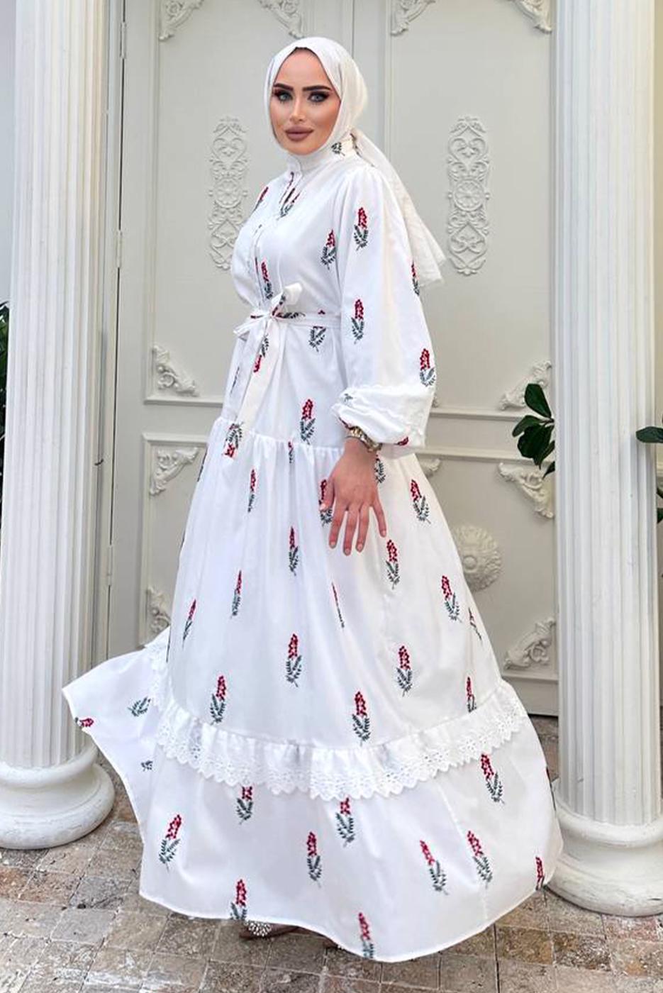 Tesettür giyim KIRMIZI DESENLİ ELBİSE T 61532