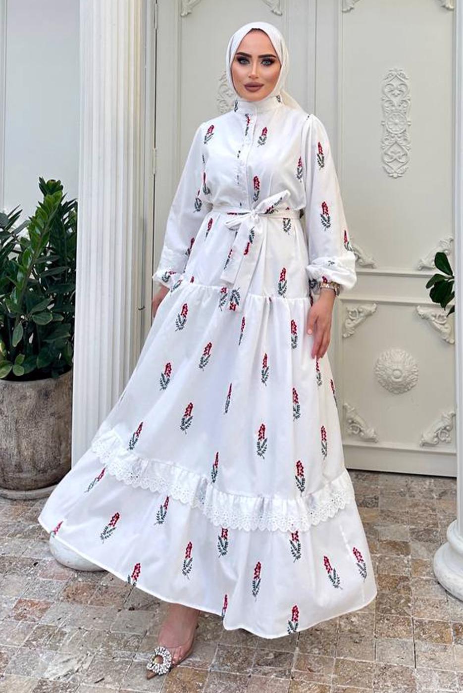 Tesettür giyim KIRMIZI DESENLİ ELBİSE T 61532