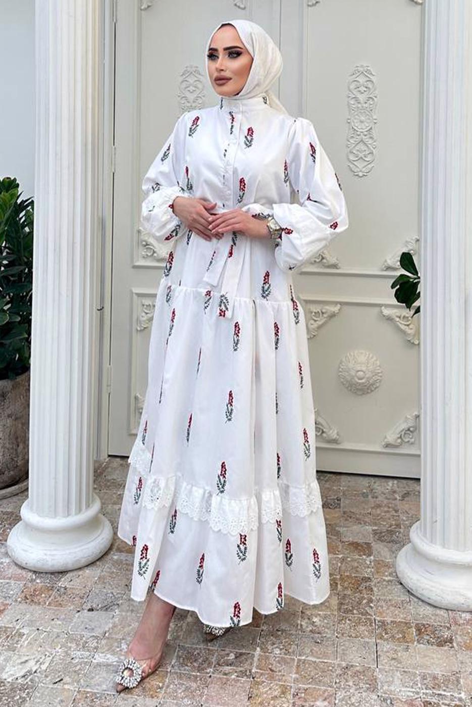 Tesettür giyim KIRMIZI DESENLİ ELBİSE T 61532