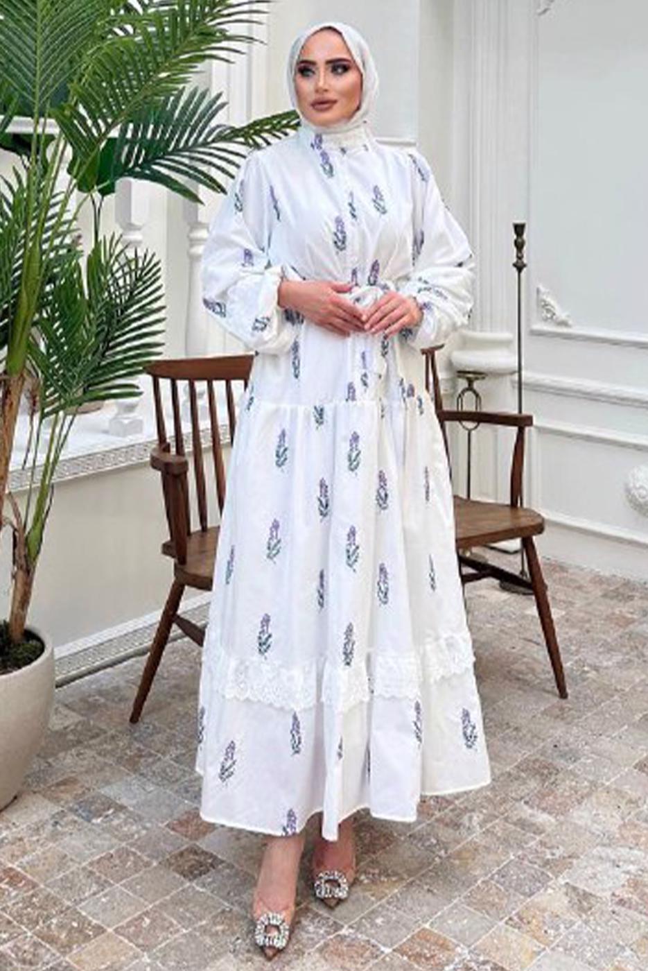 Tesettür giyim MOR DESENLİ ELBİSE T 61532