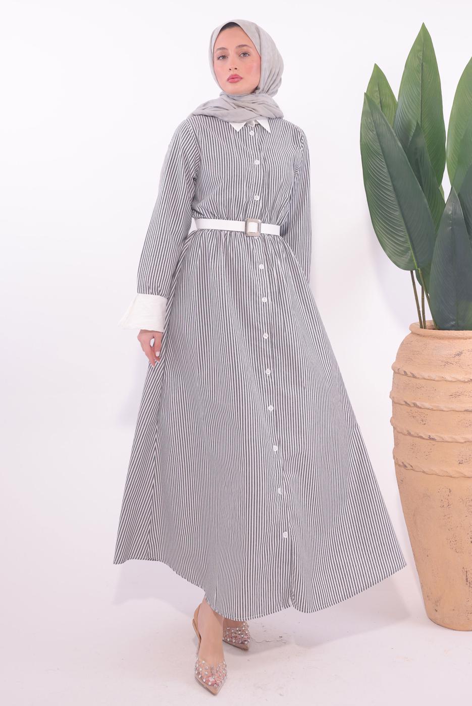 Hijab clothing BLACK BELTED STRIPED DRESS T 6174