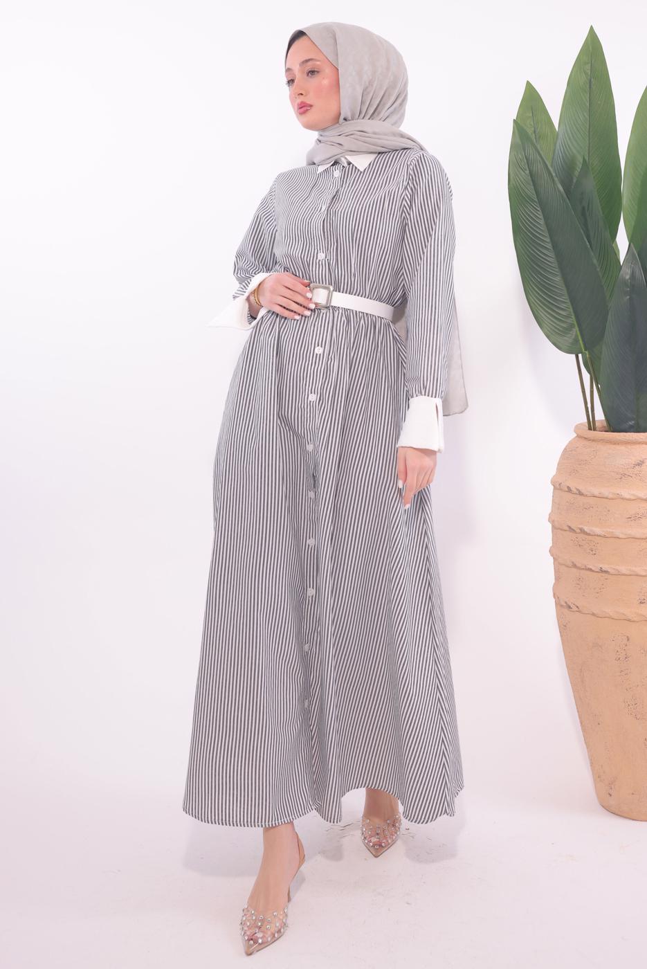 Hijab clothing BLACK BELTED STRIPED DRESS T 6174